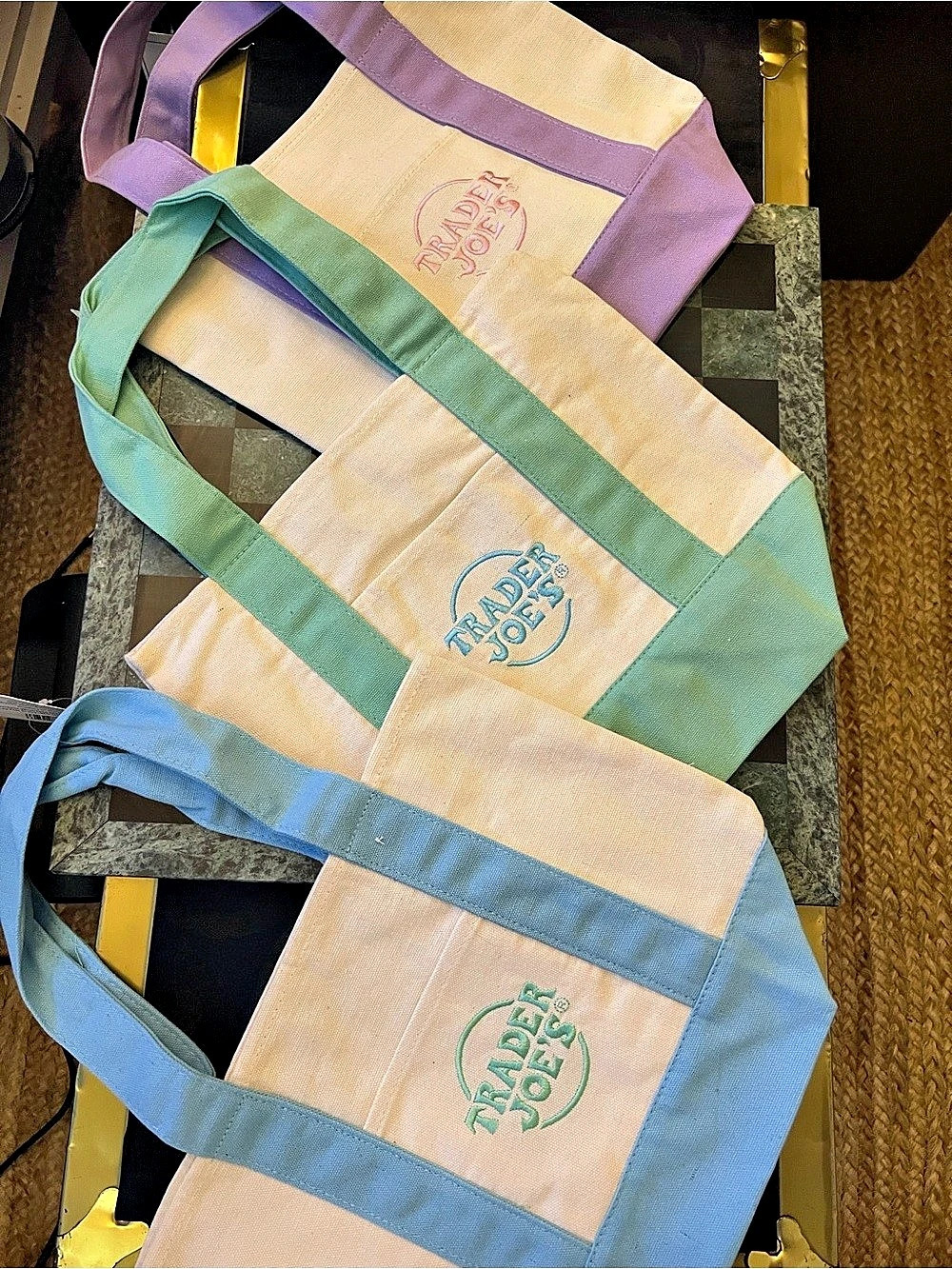 Trader Joe's Reusable Canvas Tote Bag 3-Piece Reusable Tote Set in purple, green